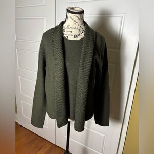 Eileen Fisher Olive Green Italian Yarn Wool Medium Cardigan and Small Tank Set
